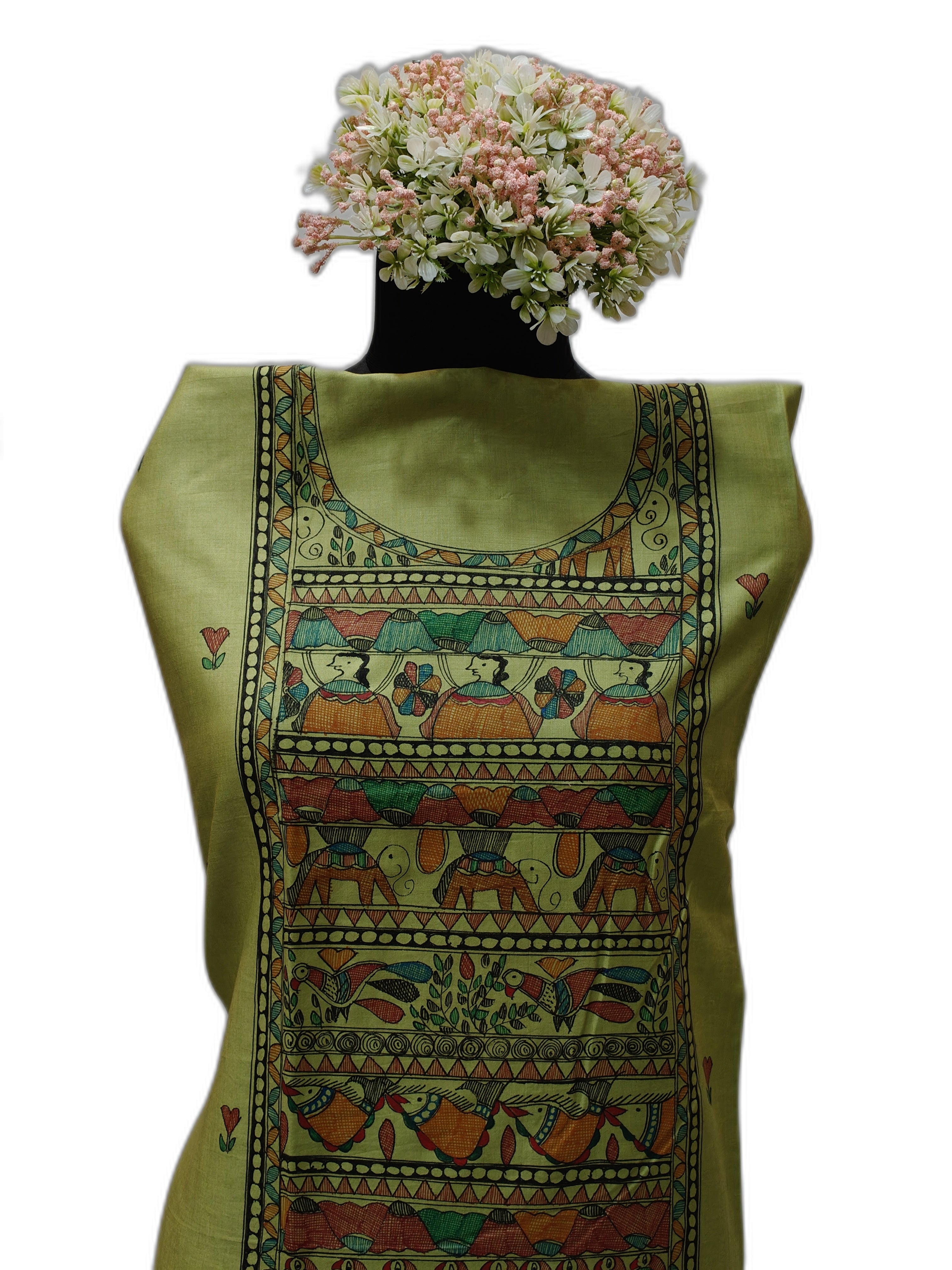 Hand-Painted Madhubani Unstitched Kurti on Cotton Silk – Green